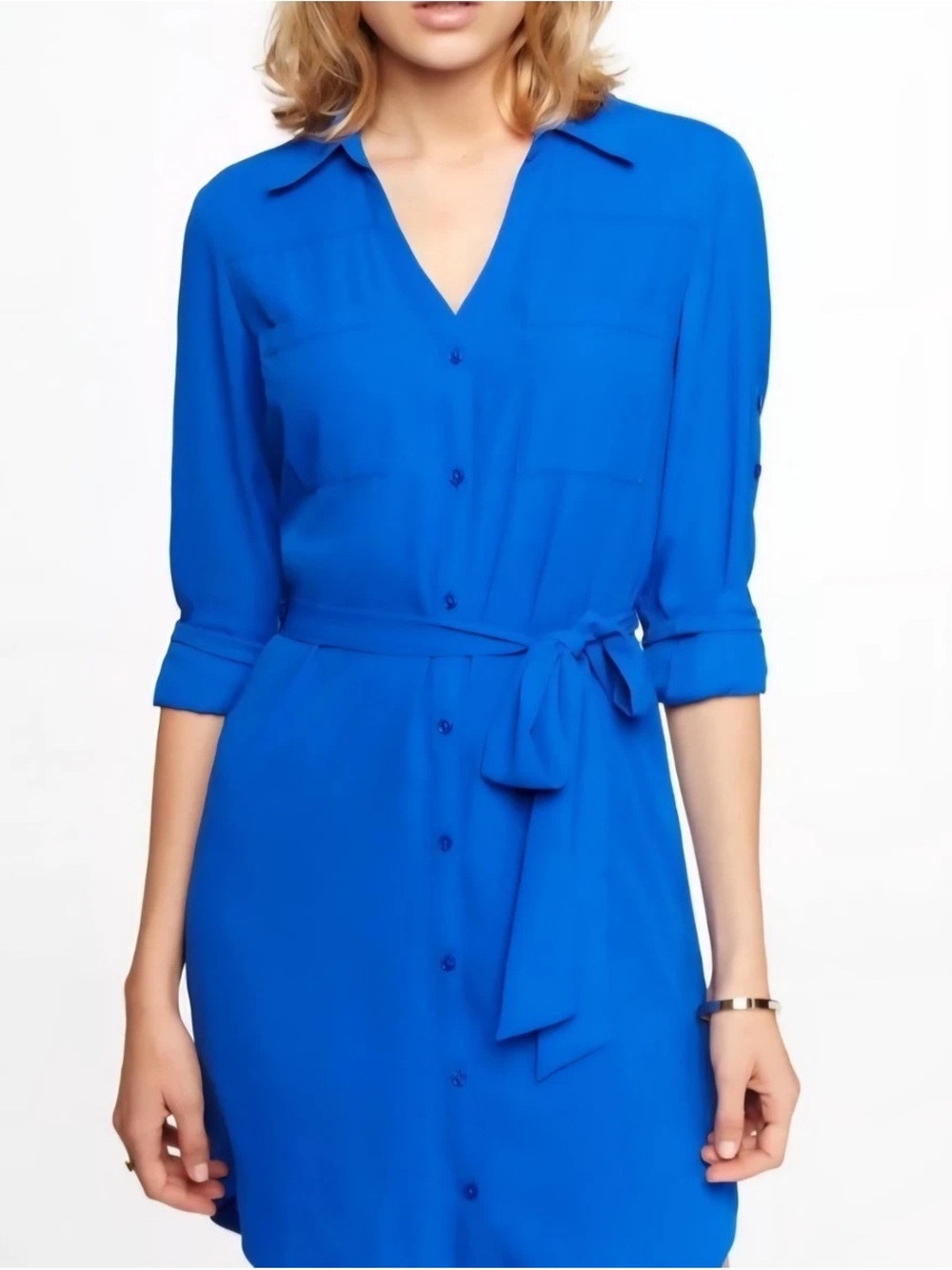Express V-Neck Shirt Dress with Self-Tie Belt in Cobalt Blue